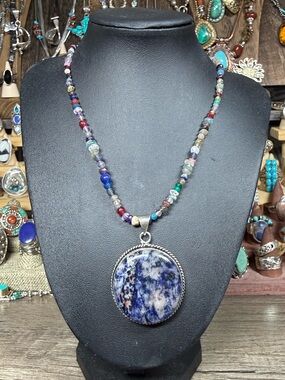 Blue Sodalite Pendant Multicolor Bead Necklace - Unbranded